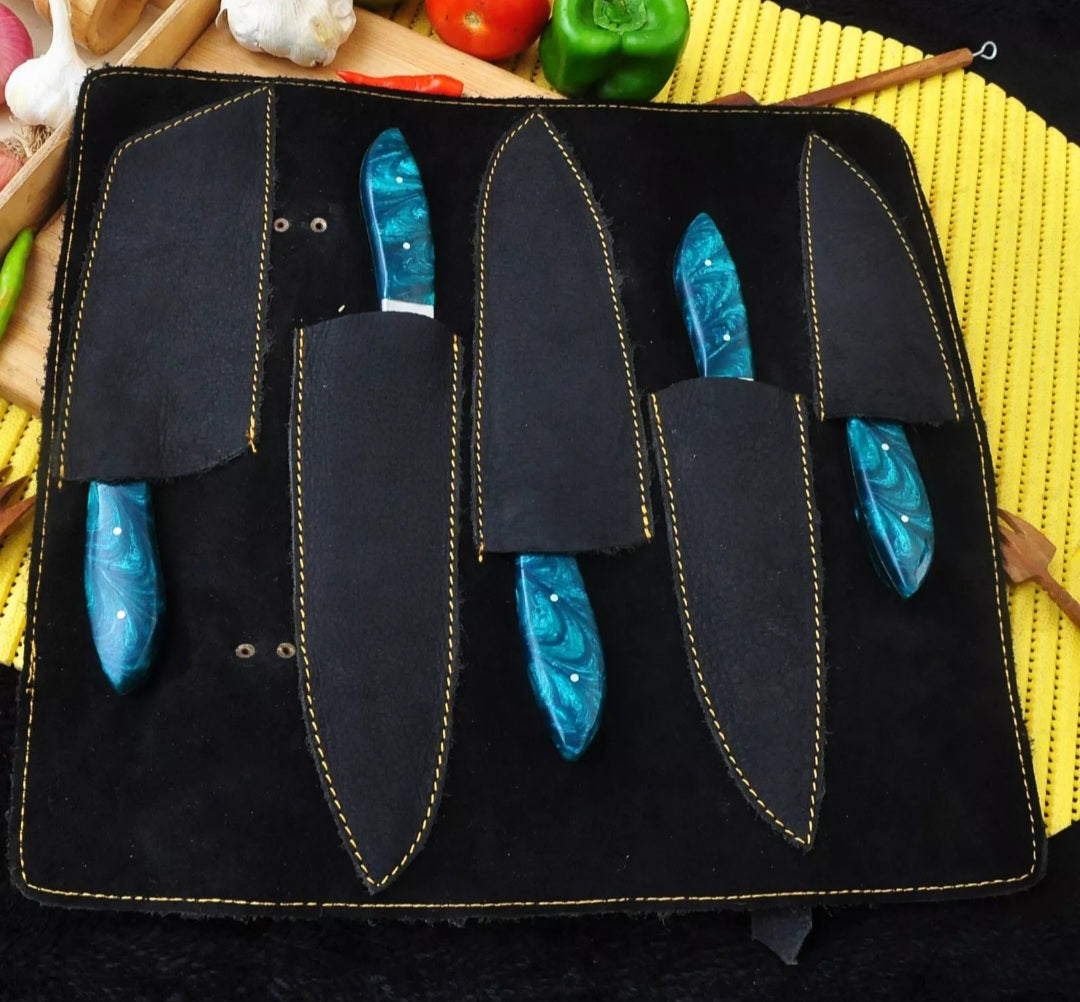 CUSTOM HANDMADE DAMASCUS STEEL BLADES 5 PCS BBQ KITCHEN CHEF KNIFE SET RESIN HANDLES WITH LEATHER BAG