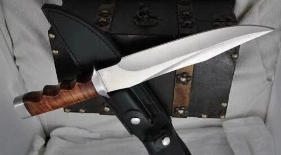 CUSTOM HANDMADE D2 TOOL STEEL BLADE HUNTING SURVIVAL CAMPING BOWIE KNIFE LEATHER HANDLE WITH LEATHER SHEATH