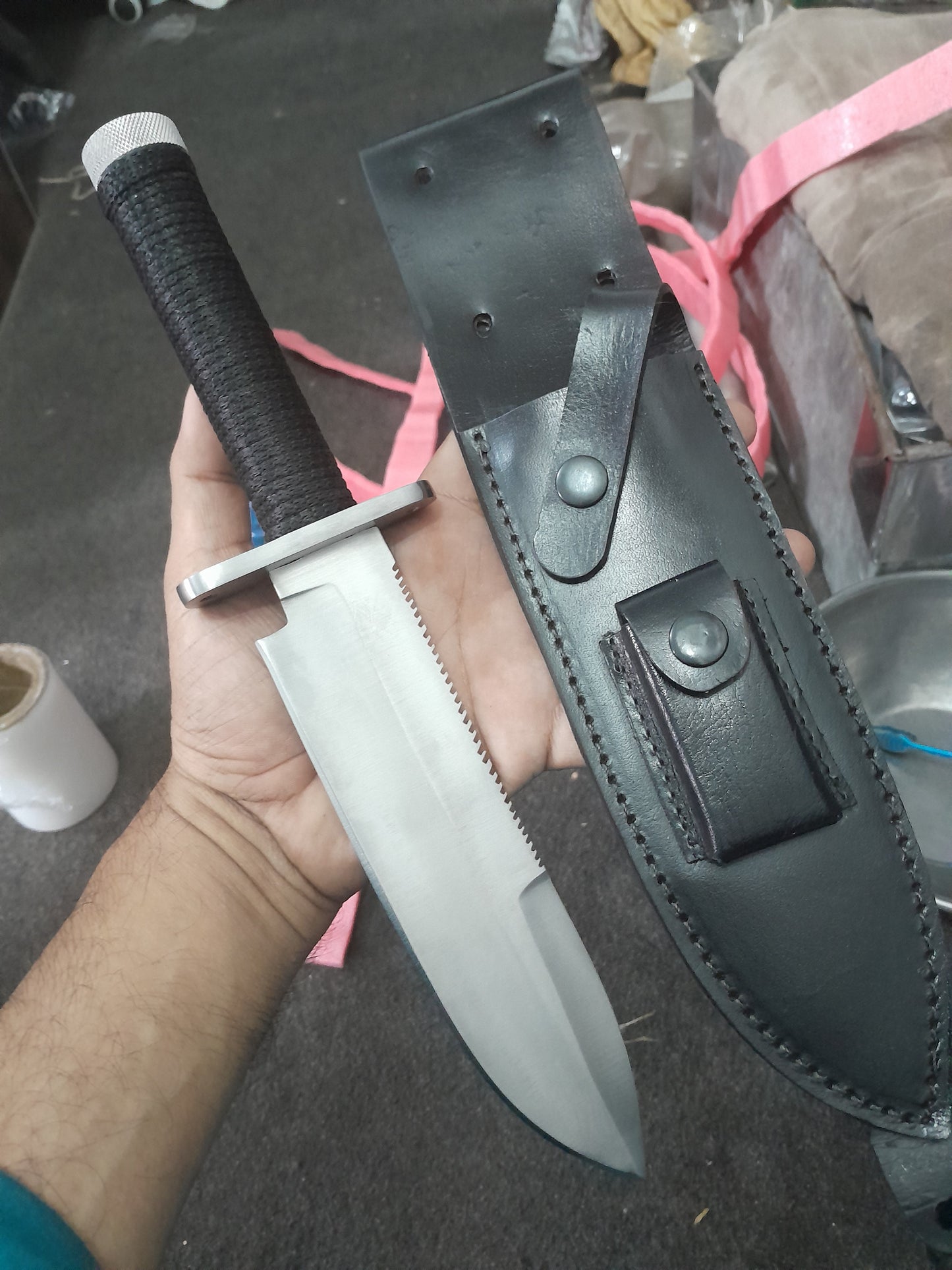 CUSTOM HANDMADE D2 TOOL STEEL BLADE HUNTING SURVIVAL CAMPING BOWIE KNIFE CORD WRAPPED HANDLE WITH LEATHER SHEATH