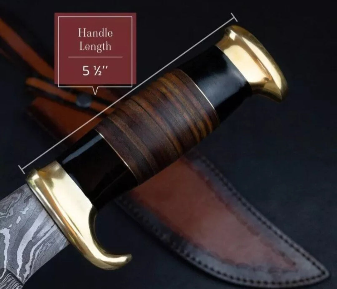 CUSTOM HANDMADE DAMASCUS STEEL BLADE HUNTING SURVIVAL CAMPING BOWIE KNIFE MICARTA & LEATHER HANDLE WITH LEATHER SHEATH