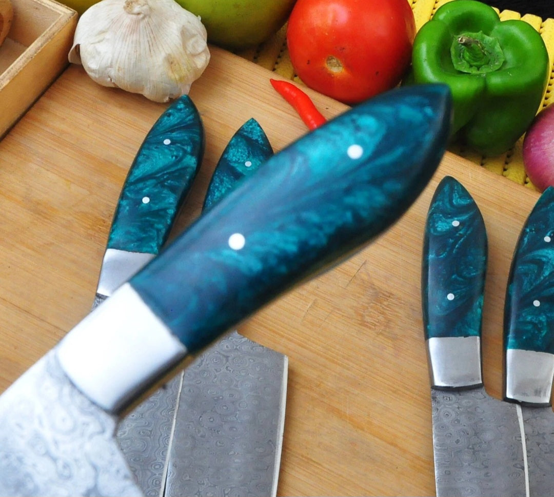 CUSTOM HANDMADE DAMASCUS STEEL BLADES 5 PCS BBQ KITCHEN CHEF KNIFE SET RESIN HANDLES WITH LEATHER BAG