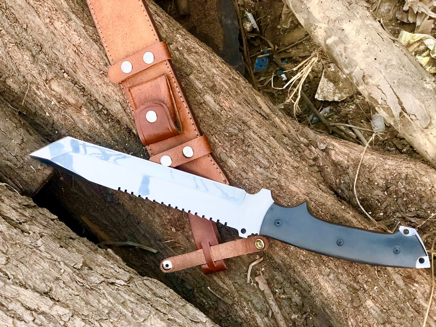 CUSTOM HANDMADE SPRING LEAF STEEL BLADE HUNTING SURVIVAL CAMPING BOWIE KNIFE MICARTA HANDLE WITH LEATHER SHEATH