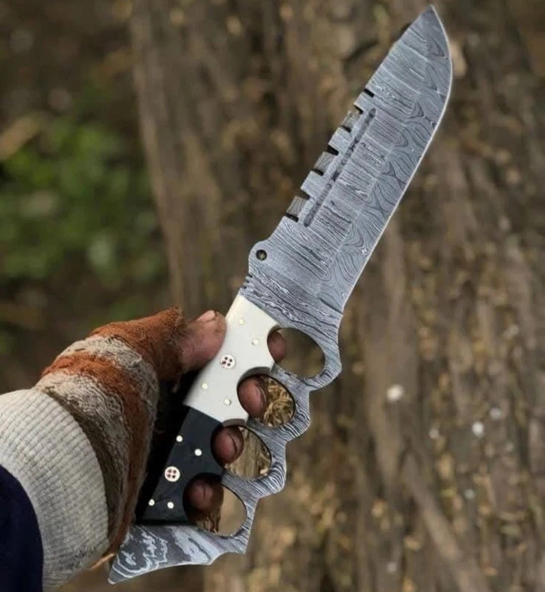 CUSTOM HANDMADE DAMASCUS STEEL BLADE HUNTING SURVIVAL CAMPING BOWIE KNIFE BONE & HORN HANDLE WITH LEATHER SHEATH