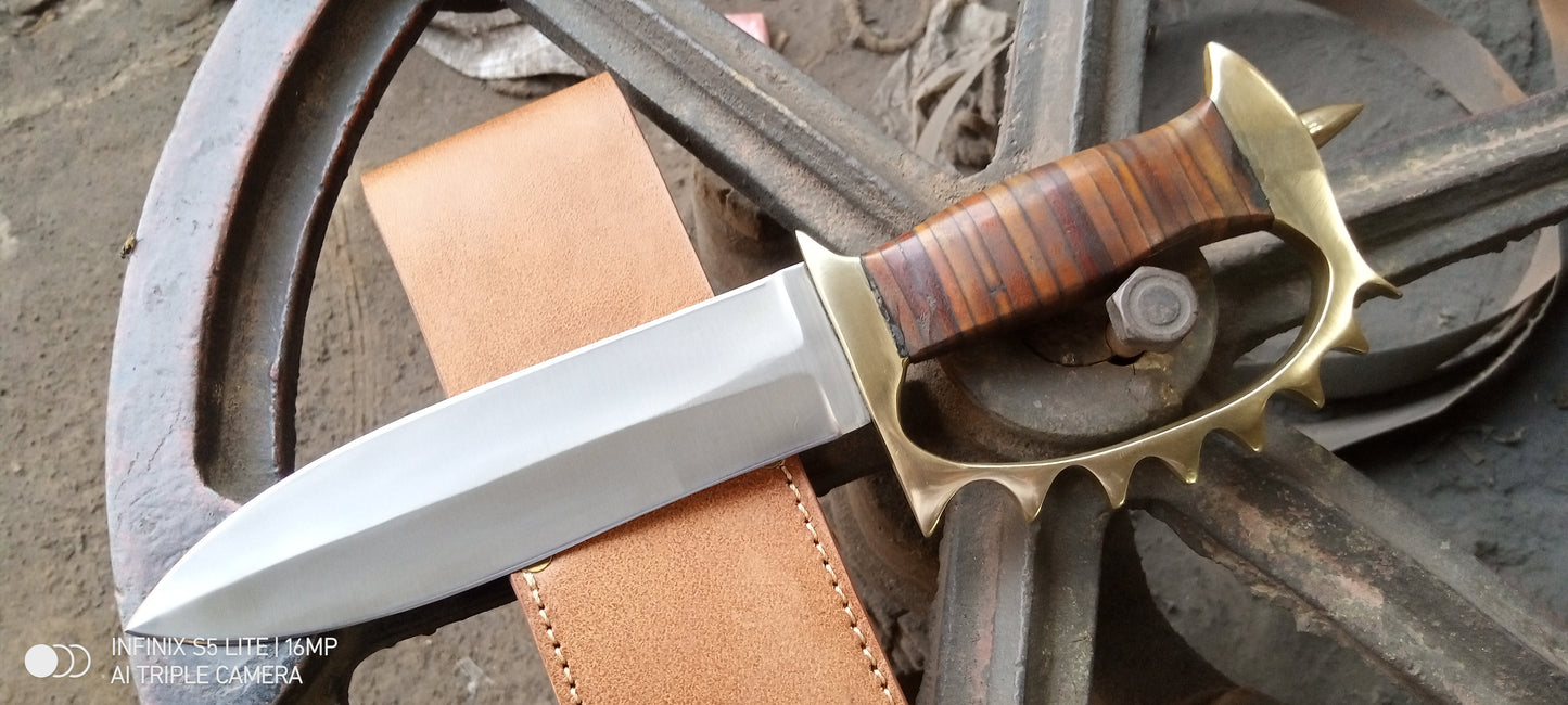 CUSTOM HANDMADE D2 TOOL STEEL BLADE HUNTING SURVIVAL CAMPING BOWIE KNIFE D GUARD BRASS & LEATHER HANDLE WITH LEATHER SHEATH