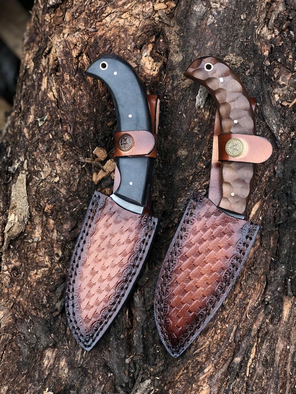 SET OF 2 CUSTOM HANDMADE CARBON STEEL BLADES REPLICA WINKLER HUNTING KNIVES MICARTA & WOODEN HANDLES WITH LEATHER SHEATHS