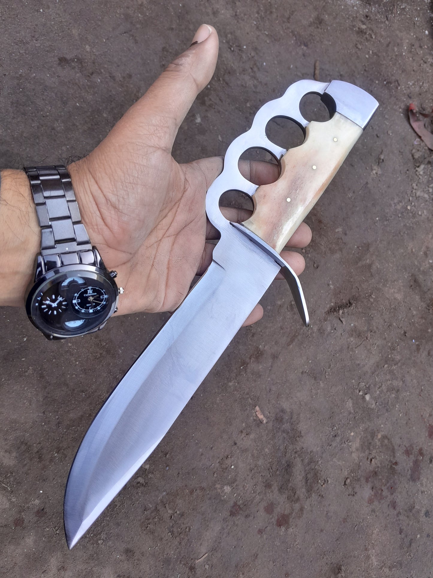 CUSTOM HANDMADE D2 TOOL STEEL BLADE HUNTING SURVIVAL CAMPING BOWIE KNIFE BONE HANDLE WITH LEATHER SHEATH