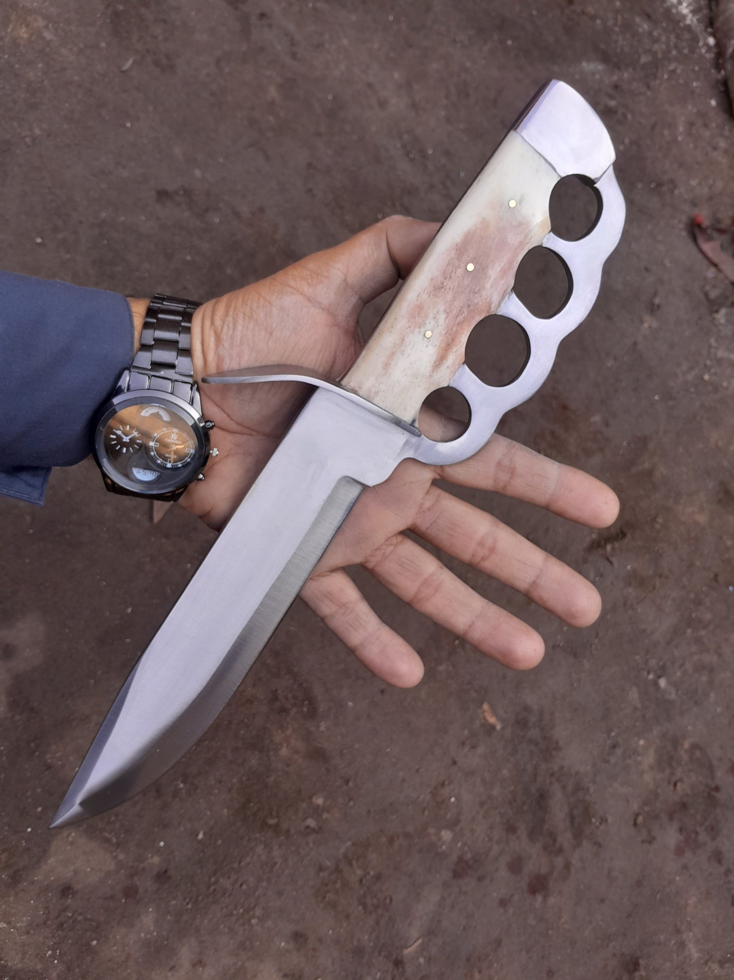 CUSTOM HANDMADE D2 TOOL STEEL BLADE HUNTING SURVIVAL CAMPING BOWIE KNIFE BONE HANDLE WITH LEATHER SHEATH