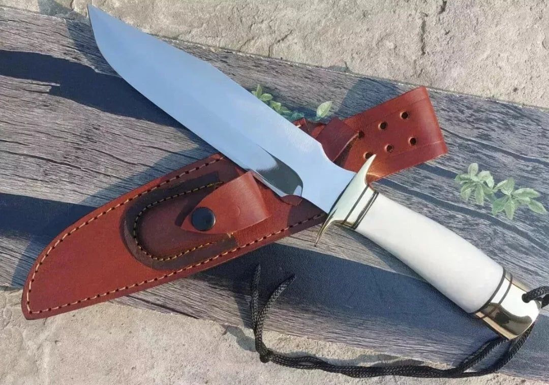 CUSTOM HANDMADE D2 TOOL STEEL BLADE HUNTING SURVIVAL CAMPING BOWIE KNIFE BONE HANDLE WITH LEATHER SHEATH