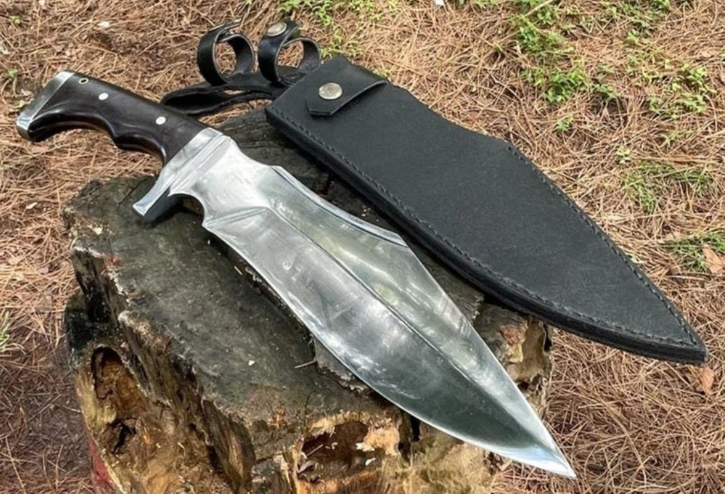 CUSTOM HANDMADE SPRING LEAF CARBON STEEL BLADE HUNTING SURVIVAL CAMPING BOWIE KNIFE WOODEN HANDLE WITH LEATHER SHEATH