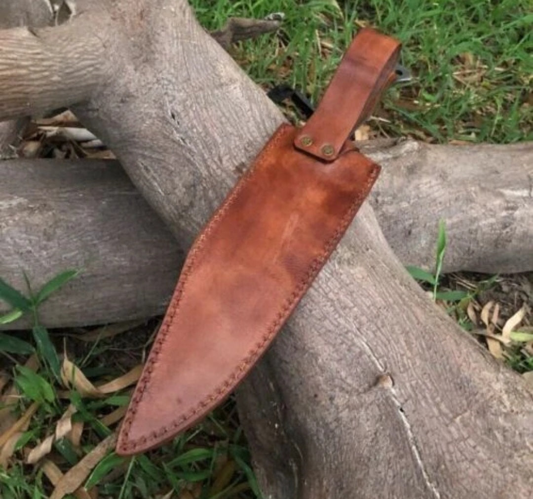 Custom handmade carbon steel acid black blade bowie knife with wooden handle and leather sheath