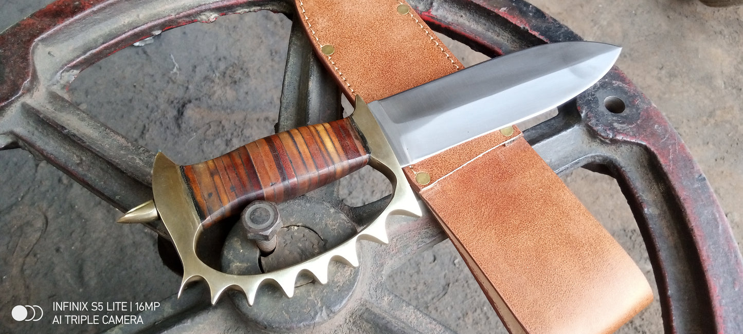 CUSTOM HANDMADE D2 TOOL STEEL BLADE HUNTING SURVIVAL CAMPING BOWIE KNIFE D GUARD BRASS & LEATHER HANDLE WITH LEATHER SHEATH