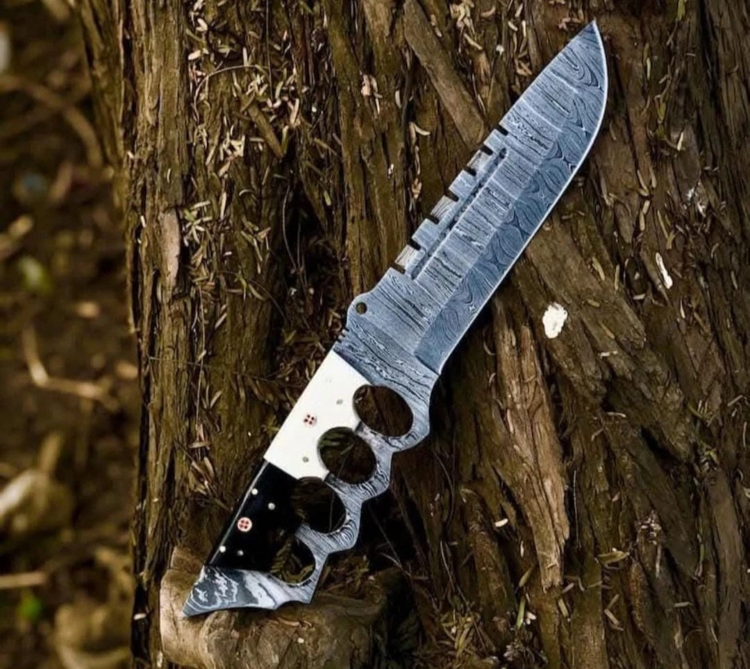 CUSTOM HANDMADE DAMASCUS STEEL BLADE HUNTING SURVIVAL CAMPING BOWIE KNIFE BONE & HORN HANDLE WITH LEATHER SHEATH