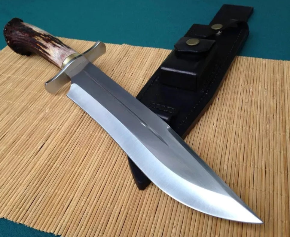 CUSTOM HANDMADE D2 TOOL STEEL BLADE HUNTING SURVIVAL CAMPING BOWIE KNIFE STAG/ANTLER HANDLE WITH LEATHER SHEATH