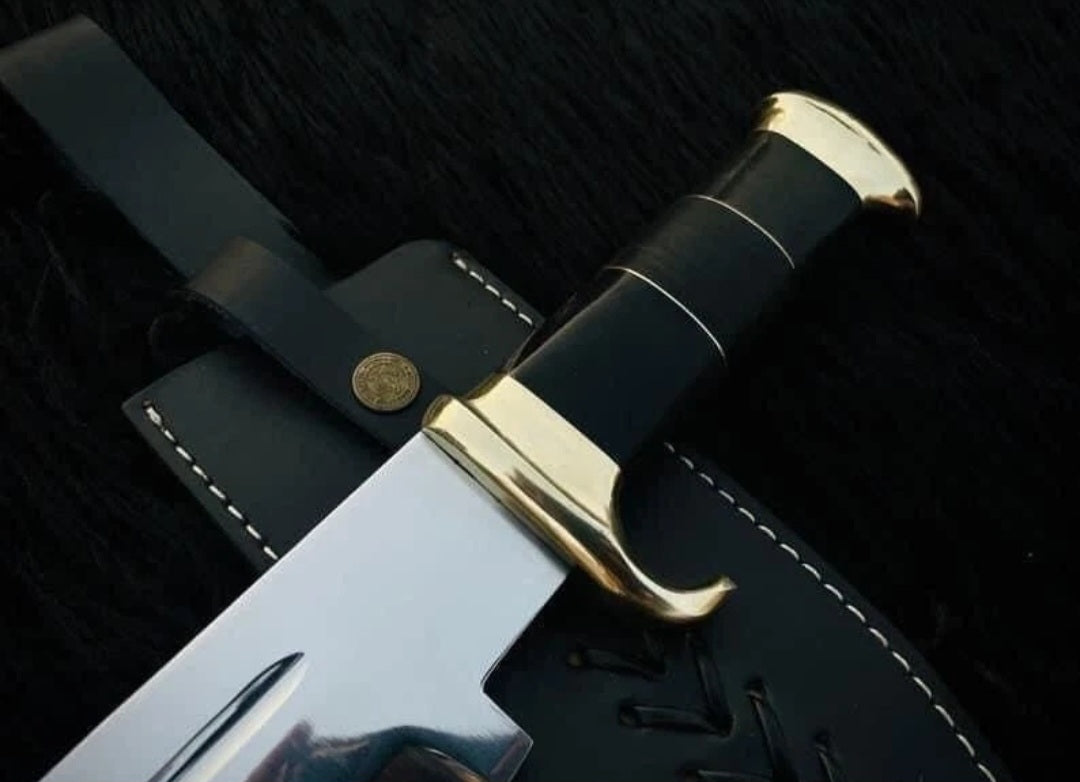 CUSTOM HANDMADE SPRING LEAF CARBON STEEL BLADE HIGH POLISH HUNTING SURVIVAL CAMPING BOWIE KNIFE WOODEN HANDLE WITH LEATHER SHEATH