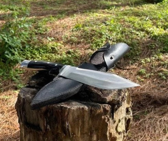 CUSTOM HANDMADE SPRING LEAF CARBON STEEL BLADE HUNTING SURVIVAL CAMPING BOWIE KNIFE WOODEN HANDLE WITH LEATHER SHEATH