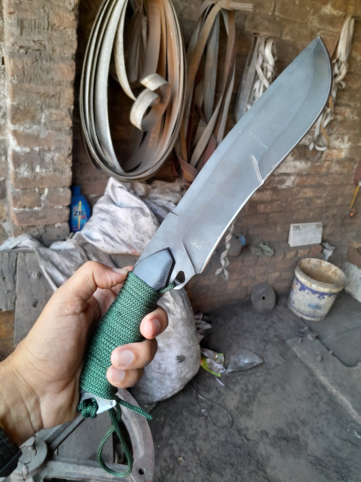 CUSTOM HANDMADE HUNTING BOWIE KNIFE CARBON STEEL ACID BLACK BLADE CORD WRAPPED WITH LEATHER SHEATH