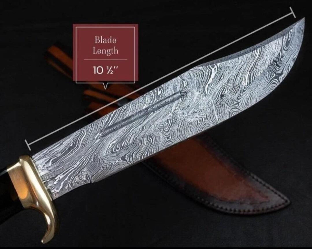 CUSTOM HANDMADE DAMASCUS STEEL BLADE HUNTING SURVIVAL CAMPING BOWIE KNIFE MICARTA & LEATHER HANDLE WITH LEATHER SHEATH