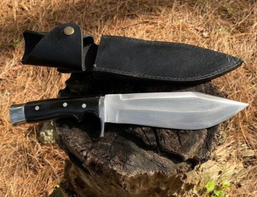 CUSTOM HANDMADE SPRING LEAF CARBON STEEL BLADE HUNTING SURVIVAL CAMPING BOWIE KNIFE WOODEN HANDLE WITH LEATHER SHEATH