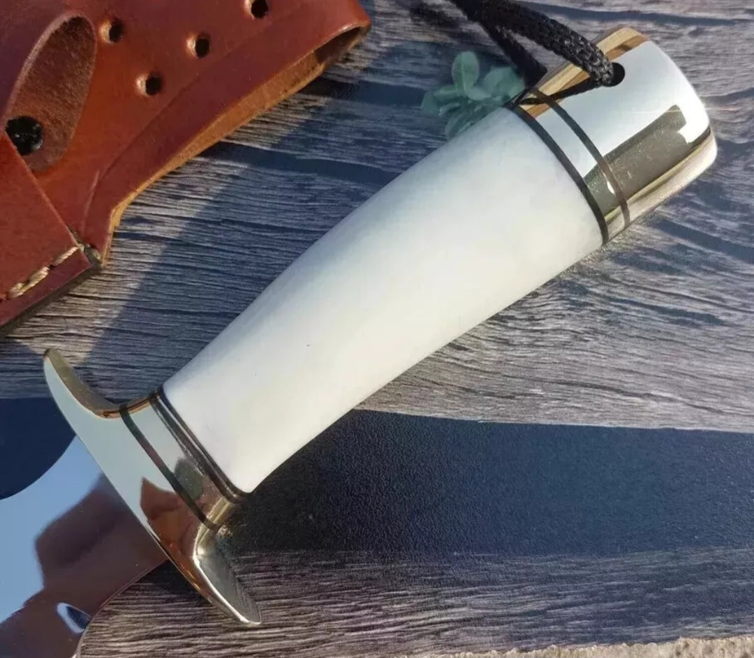 CUSTOM HANDMADE D2 TOOL STEEL BLADE HUNTING SURVIVAL CAMPING BOWIE KNIFE BONE HANDLE WITH LEATHER SHEATH