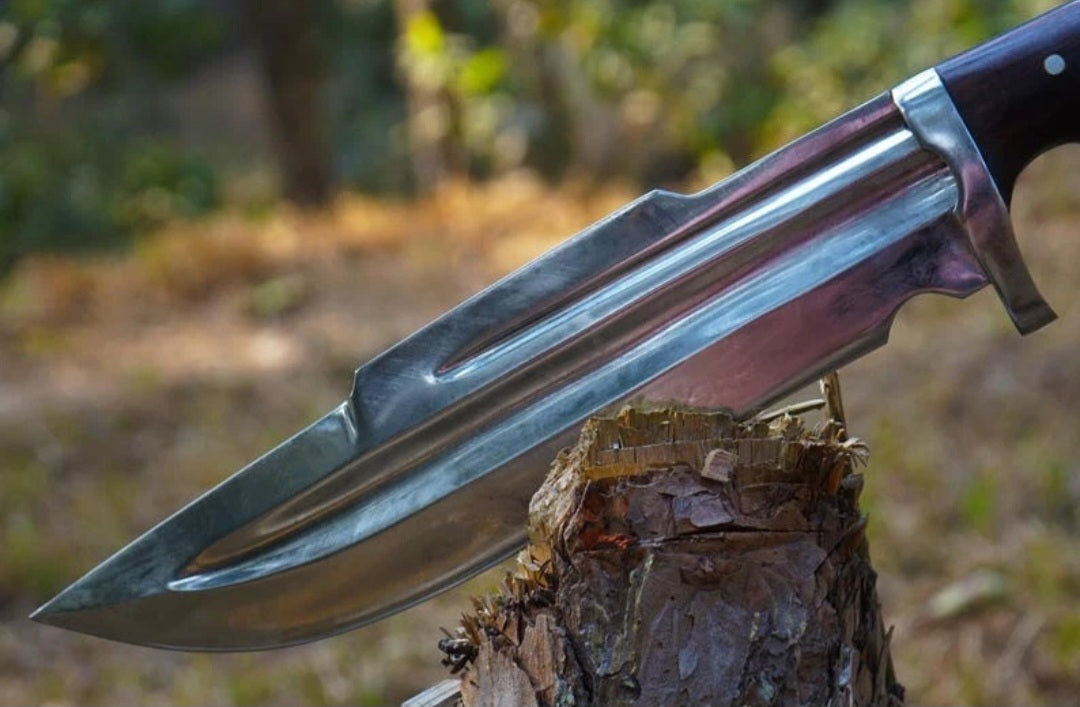 CUSTOM HANDMADE 1095 CARBON STEEL BLADE HUNTING SURVIVAL CAMPING BOWIE KNIFE WOODEN HANDLE WITH LEATHER SHEATH