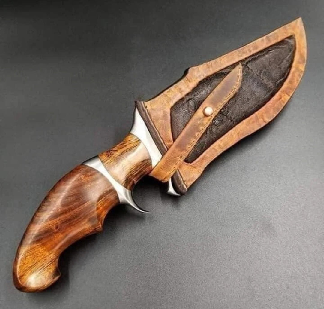 CUSTOM HANDMADE DAMASCUS STEEL BLADE SURVIVAL CAMPING HUNTING KNIFE WOODEN HANDLE WITH LEATHER SHEATH