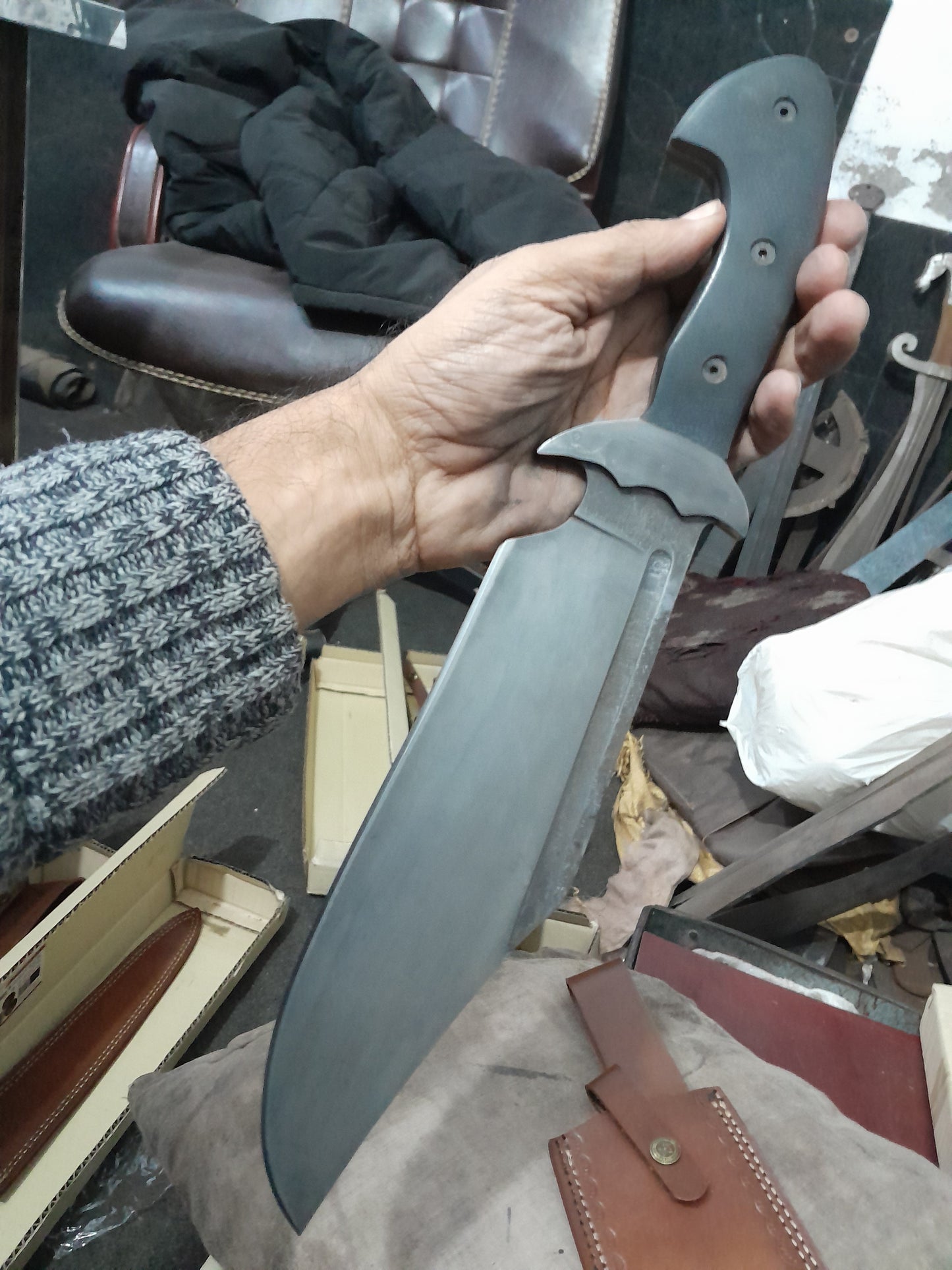 CUSTOM HANDMADE CARBON STEEL BLADE HUNTING SURVIVAL CAMPING BOWIE KNIFE MICARTA HANDLE WITH LEATHER SHEATH