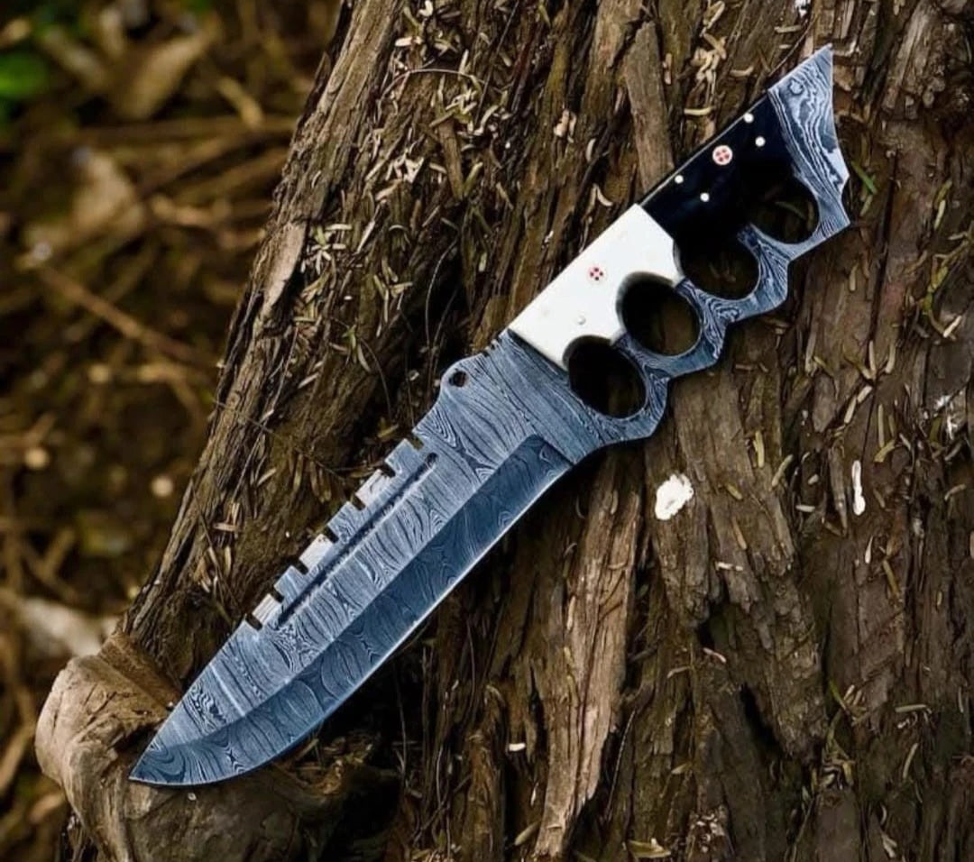 CUSTOM HANDMADE DAMASCUS STEEL BLADE HUNTING SURVIVAL CAMPING BOWIE KNIFE BONE & HORN HANDLE WITH LEATHER SHEATH