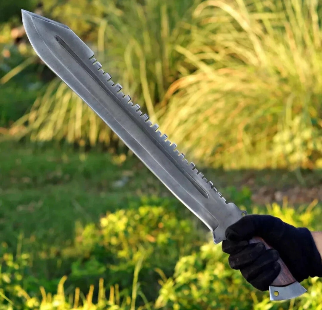 CUSTOM HANDMADE 1095 CARBON STEEL ACID BLACK BLADE HUNTING SURVIVAL CAMPING BUSHCRAFT MACHETE KNIFE WOODEN HANDLE WITH LEATHER SHEATH