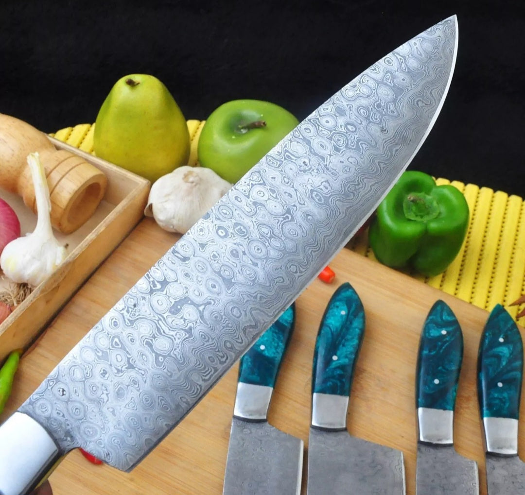 CUSTOM HANDMADE DAMASCUS STEEL BLADES 5 PCS BBQ KITCHEN CHEF KNIFE SET RESIN HANDLES WITH LEATHER BAG