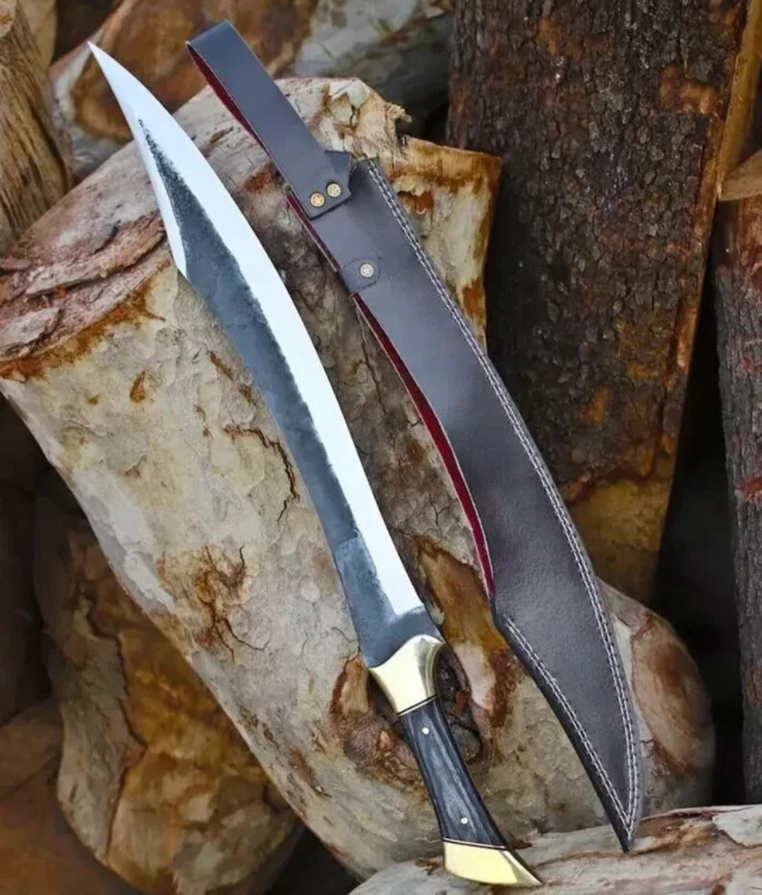 CUSTOM HANDMADE 1095 CARBON STEEL ACID BLACK BLADE HUNTING SURVIVAL CAMPING BUSHCRAFT MACHETE SWORD PAKKA WOOD HANDLE WITH LEATHER SHEATH