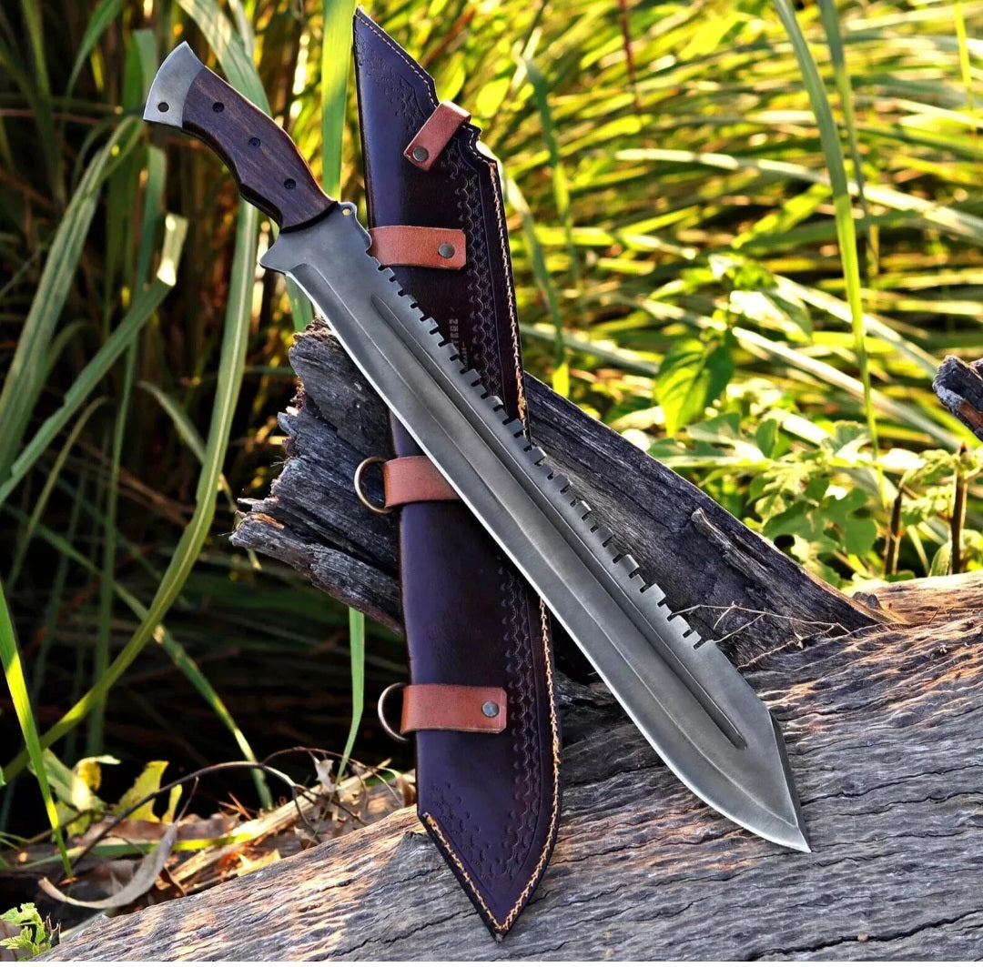 CUSTOM HANDMADE 1095 CARBON STEEL ACID BLACK BLADE HUNTING SURVIVAL CAMPING BUSHCRAFT MACHETE KNIFE WOODEN HANDLE WITH LEATHER SHEATH