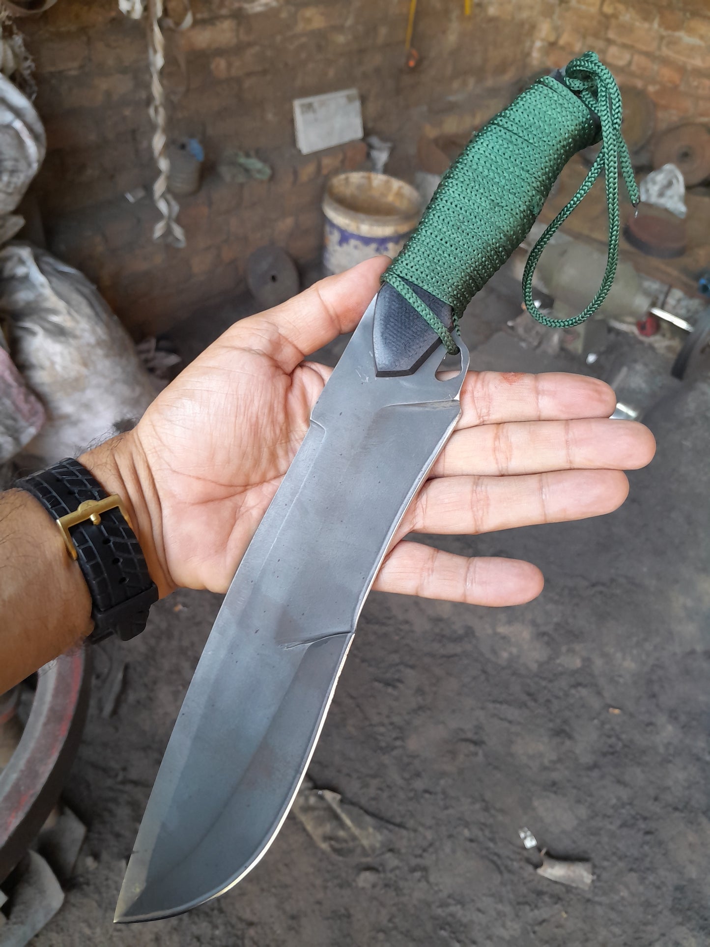 CUSTOM HANDMADE HUNTING BOWIE KNIFE CARBON STEEL ACID BLACK BLADE CORD WRAPPED WITH LEATHER SHEATH
