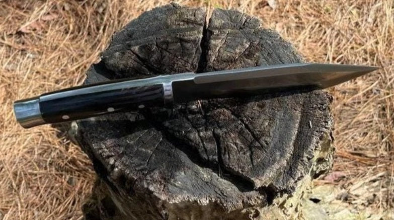 CUSTOM HANDMADE SPRING LEAF CARBON STEEL BLADE HUNTING SURVIVAL CAMPING BOWIE KNIFE WOODEN HANDLE WITH LEATHER SHEATH