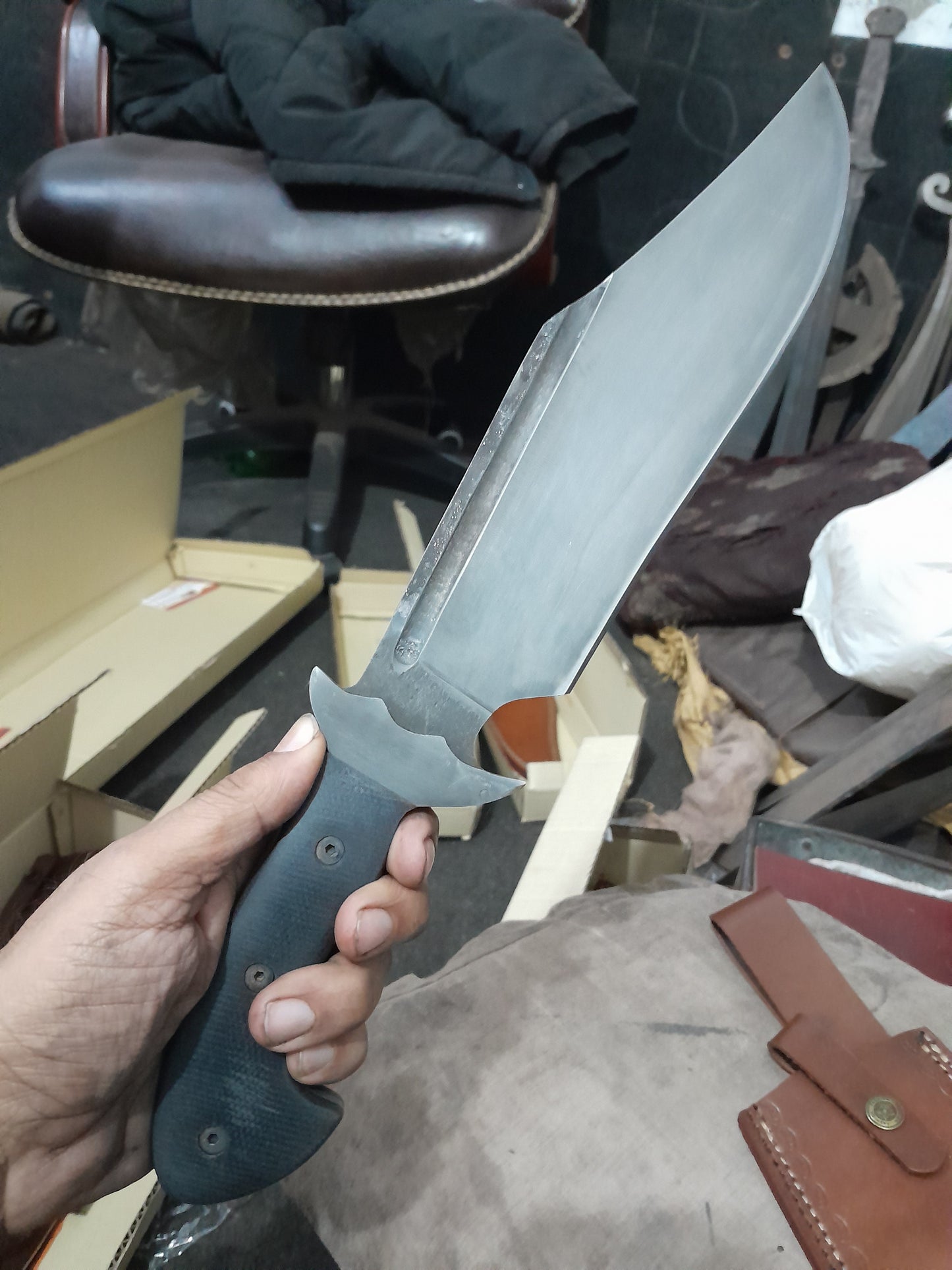 CUSTOM HANDMADE CARBON STEEL BLADE HUNTING SURVIVAL CAMPING BOWIE KNIFE MICARTA HANDLE WITH LEATHER SHEATH