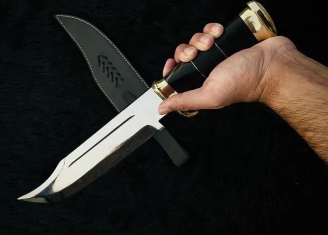 CUSTOM HANDMADE SPRING LEAF CARBON STEEL BLADE HIGH POLISH HUNTING SURVIVAL CAMPING BOWIE KNIFE WOODEN HANDLE WITH LEATHER SHEATH