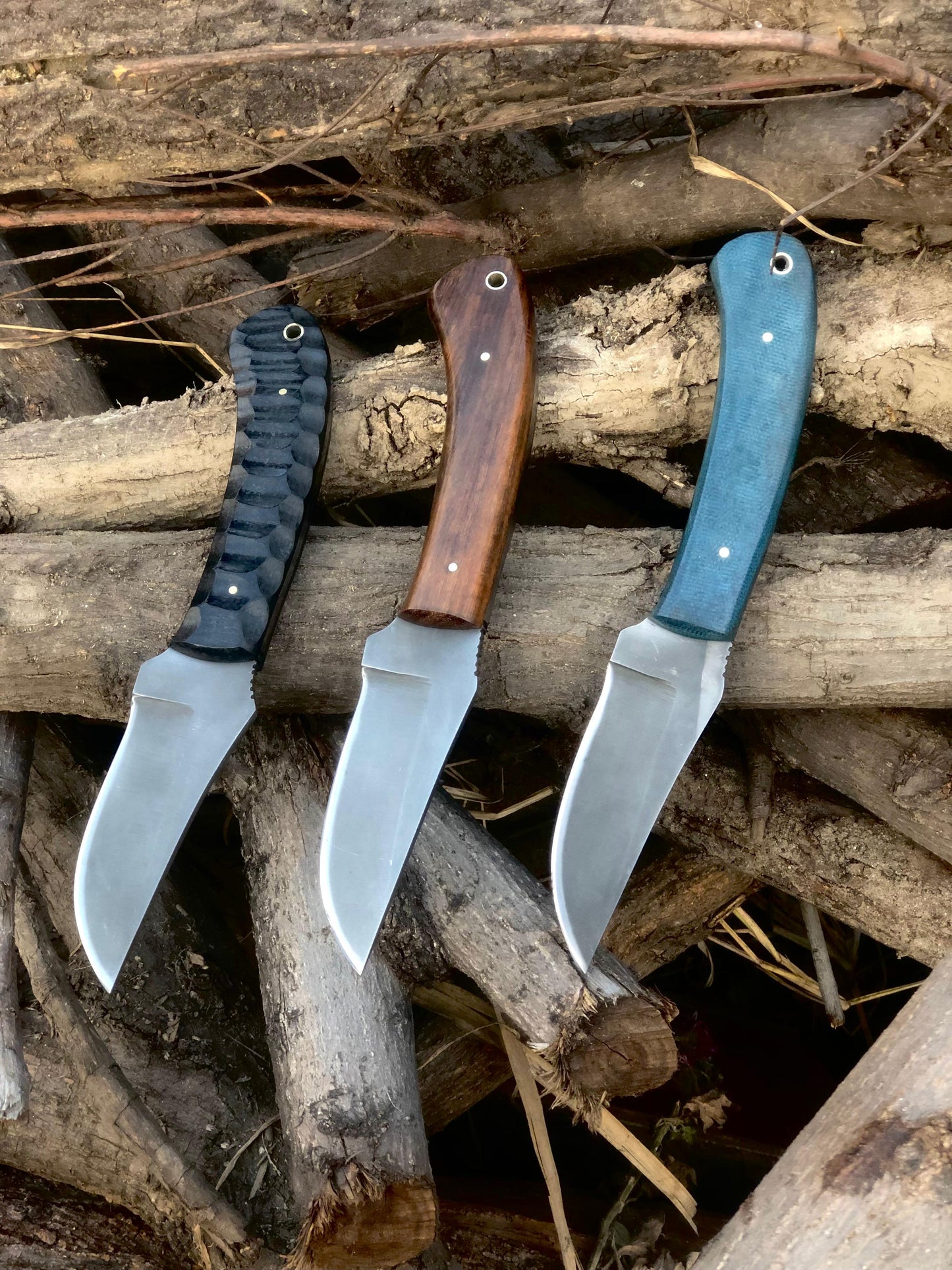 CUSTOM HANDMADE CARBON STEEL BLADES 3 COMPATIBLE REPLICA WINKLER KNIFE MICARTA & WOODEN HANDLES WITH LEATHER SHEATHS