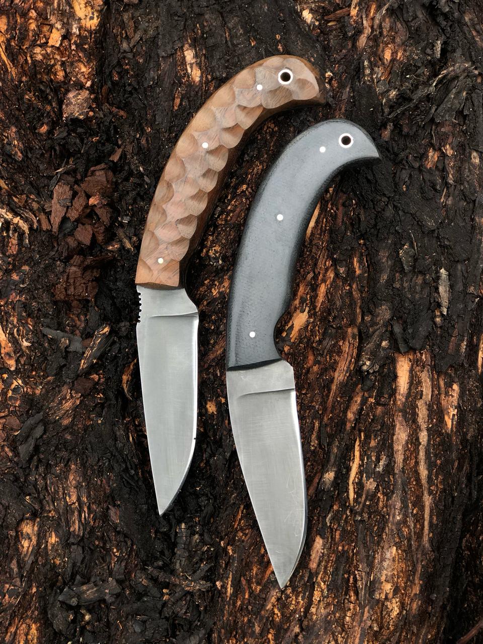 SET OF 2 CUSTOM HANDMADE CARBON STEEL BLADES REPLICA WINKLER HUNTING KNIVES MICARTA & WOODEN HANDLES WITH LEATHER SHEATHS