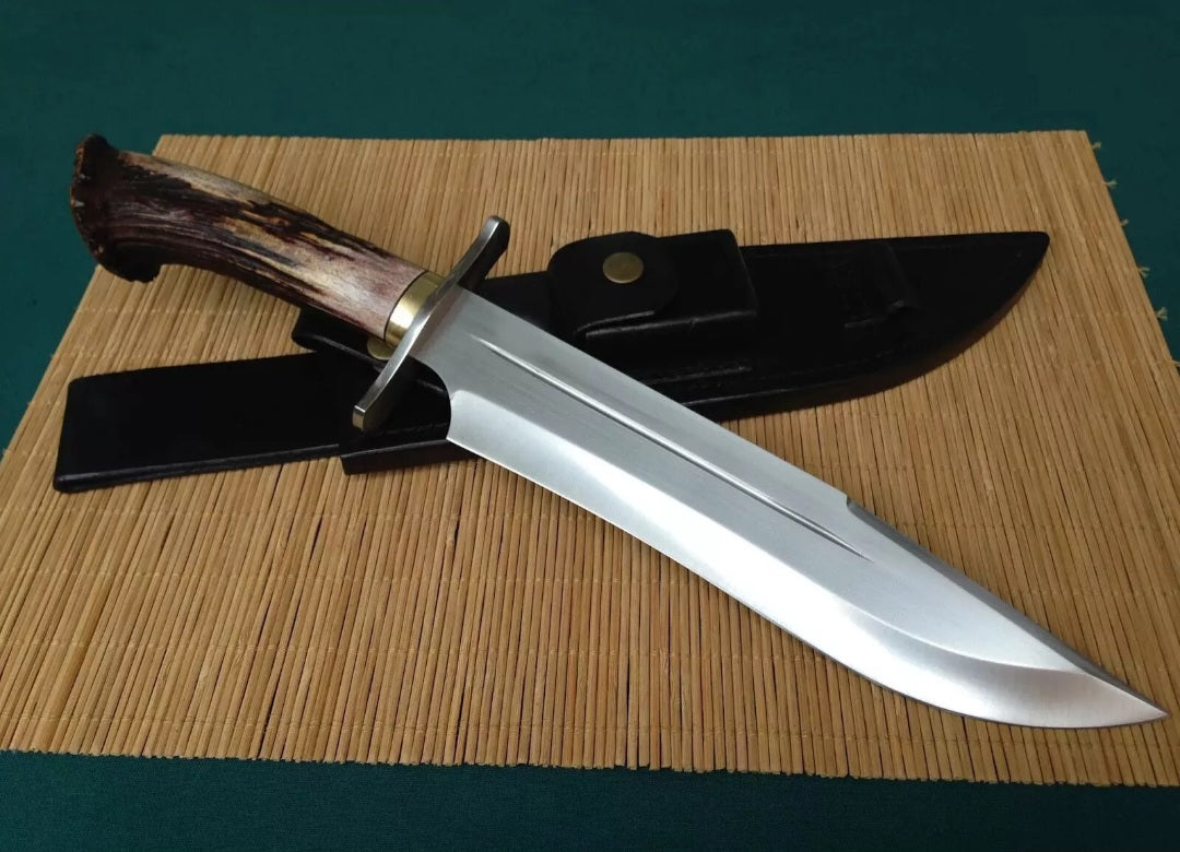 CUSTOM HANDMADE D2 TOOL STEEL BLADE HUNTING SURVIVAL CAMPING BOWIE KNIFE STAG/ANTLER HANDLE WITH LEATHER SHEATH