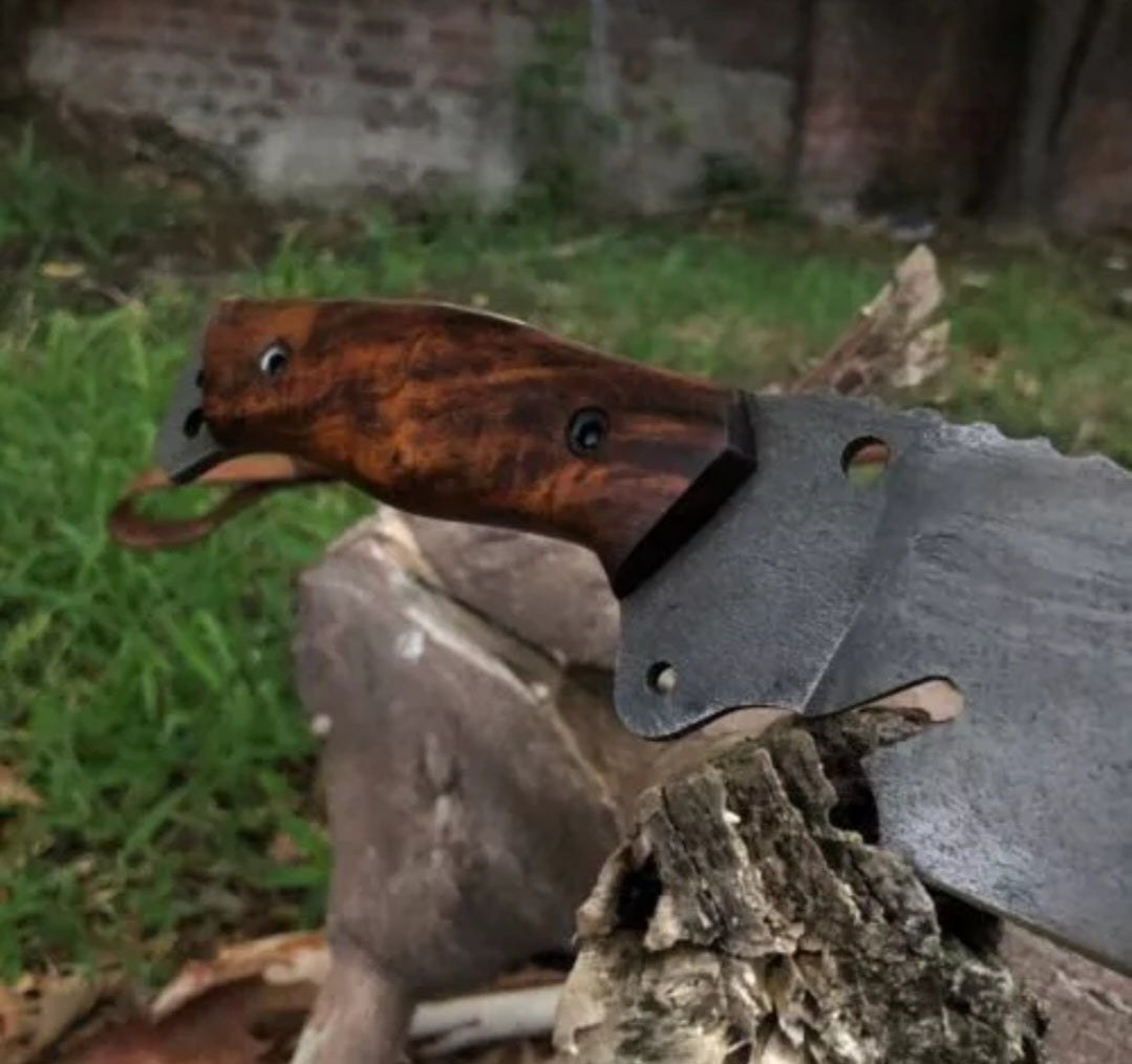 Custom handmade carbon steel acid black blade bowie knife with wooden handle and leather sheath