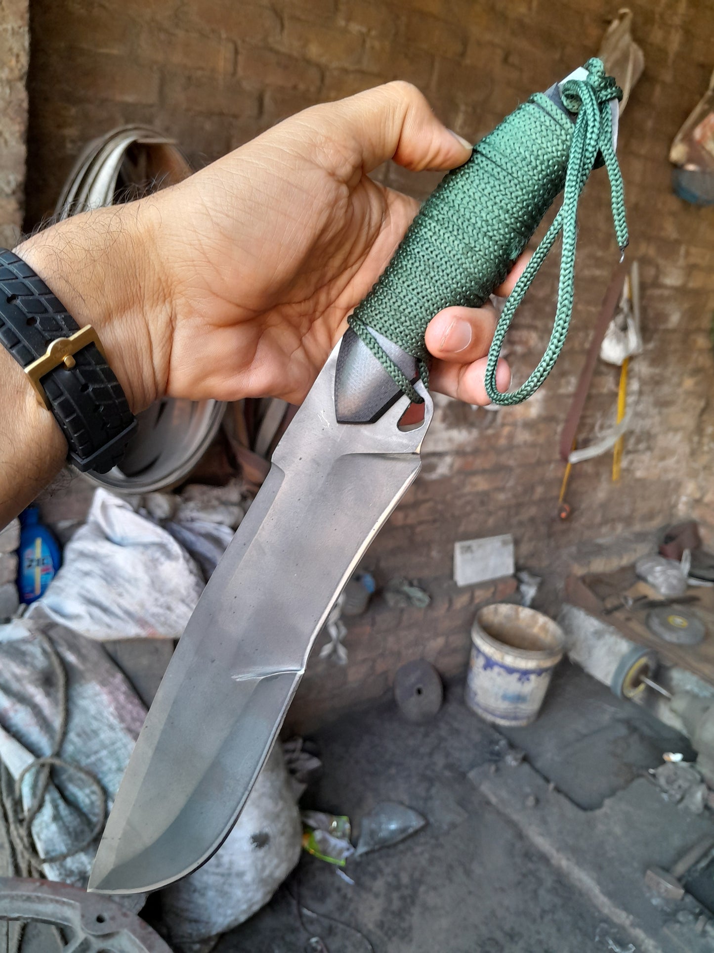 CUSTOM HANDMADE HUNTING BOWIE KNIFE CARBON STEEL ACID BLACK BLADE CORD WRAPPED WITH LEATHER SHEATH
