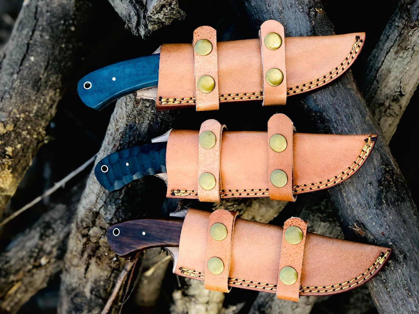 CUSTOM HANDMADE CARBON STEEL BLADES 3 COMPATIBLE REPLICA WINKLER KNIFE MICARTA & WOODEN HANDLES WITH LEATHER SHEATHS