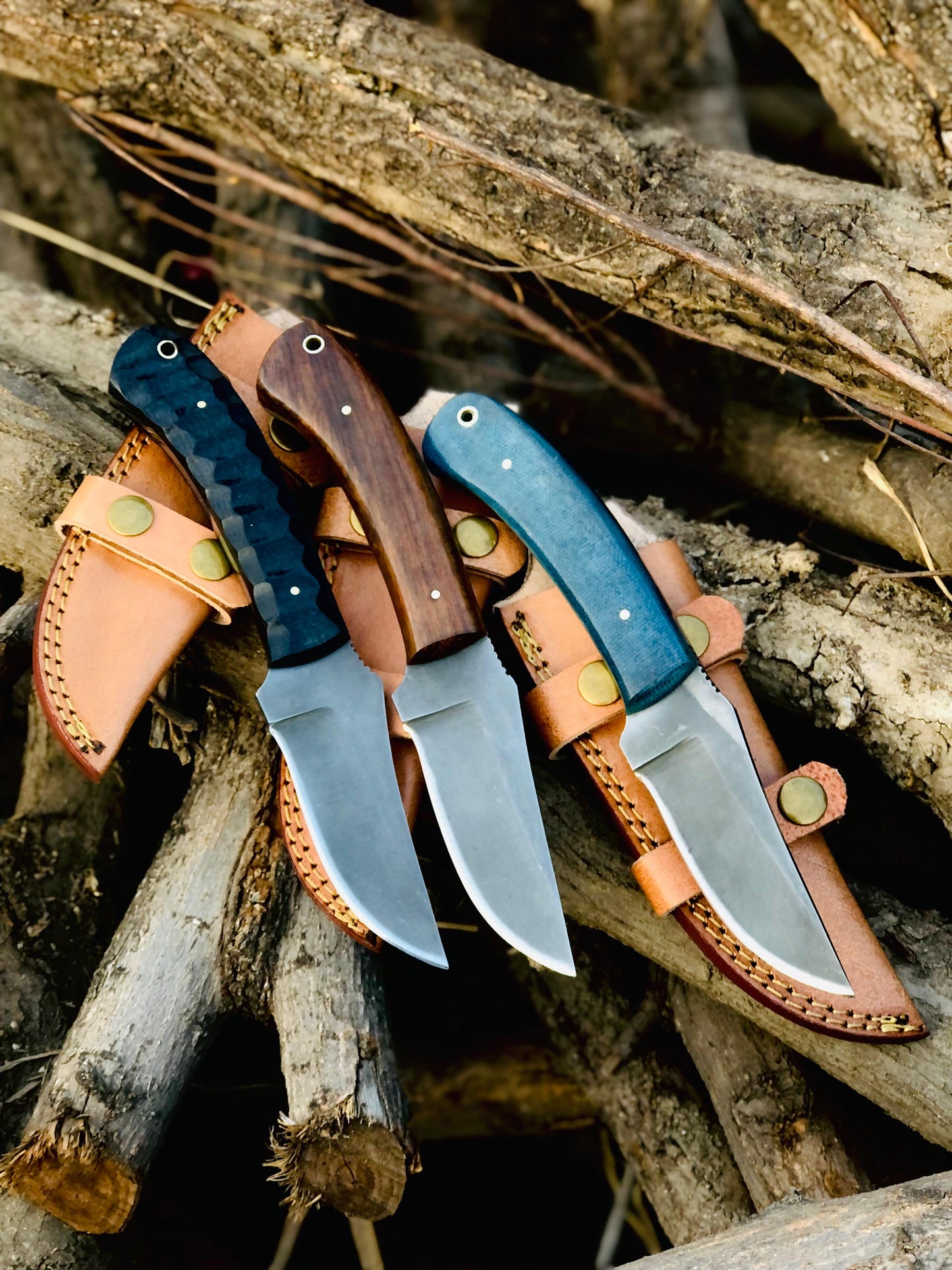 CUSTOM HANDMADE CARBON STEEL BLADES 3 COMPATIBLE REPLICA WINKLER KNIFE MICARTA & WOODEN HANDLES WITH LEATHER SHEATHS