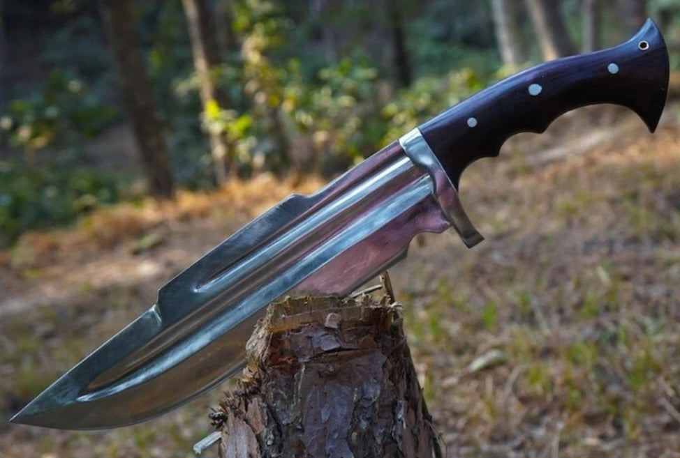 CUSTOM HANDMADE 1095 CARBON STEEL BLADE HUNTING SURVIVAL CAMPING BOWIE KNIFE WOODEN HANDLE WITH LEATHER SHEATH