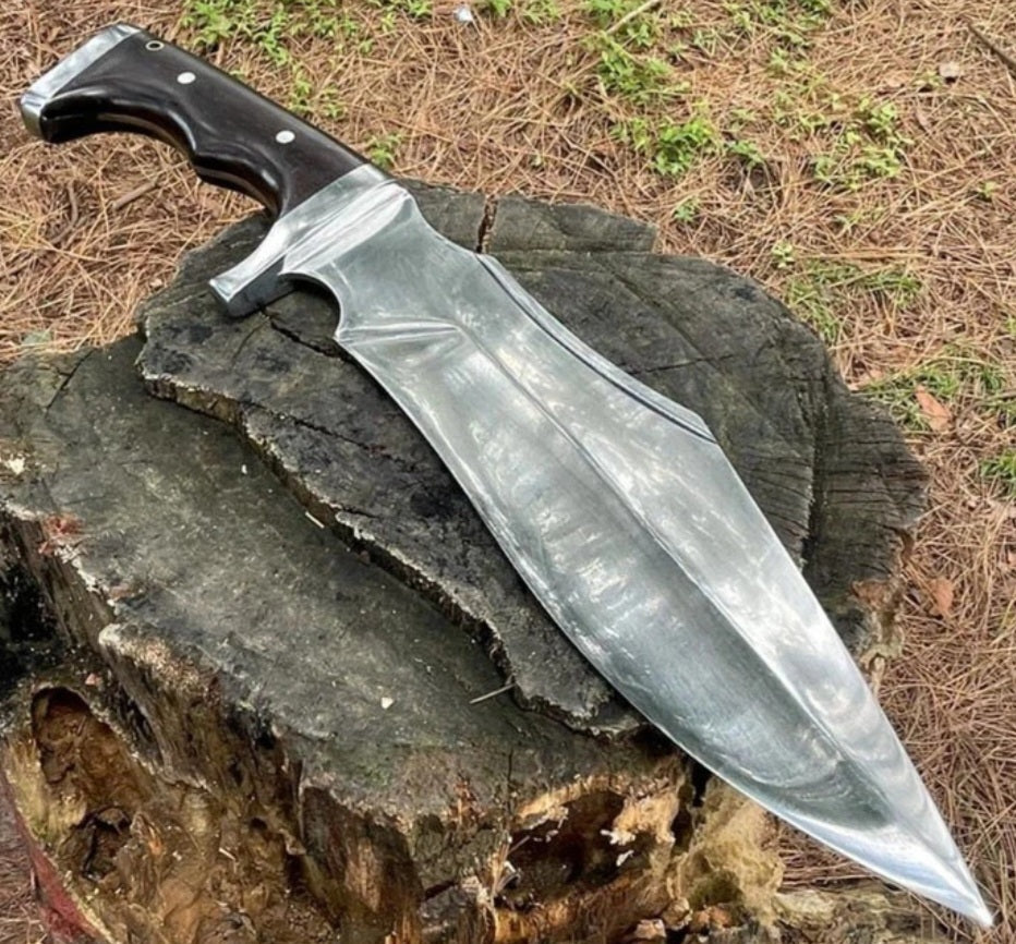 CUSTOM HANDMADE SPRING LEAF CARBON STEEL BLADE HUNTING SURVIVAL CAMPING BOWIE KNIFE WOODEN HANDLE WITH LEATHER SHEATH