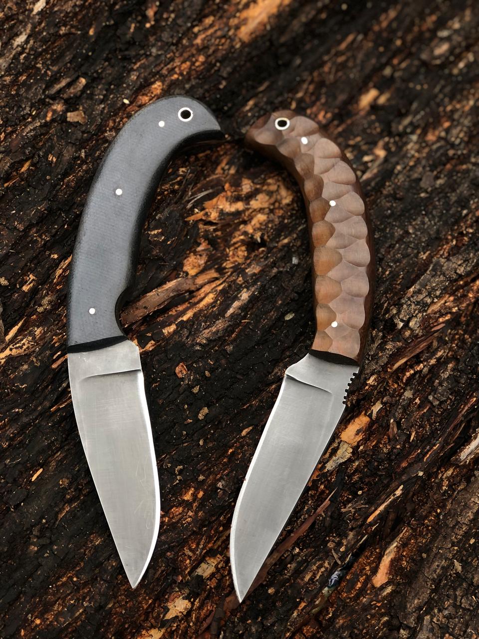SET OF 2 CUSTOM HANDMADE CARBON STEEL BLADES REPLICA WINKLER HUNTING KNIVES MICARTA & WOODEN HANDLES WITH LEATHER SHEATHS