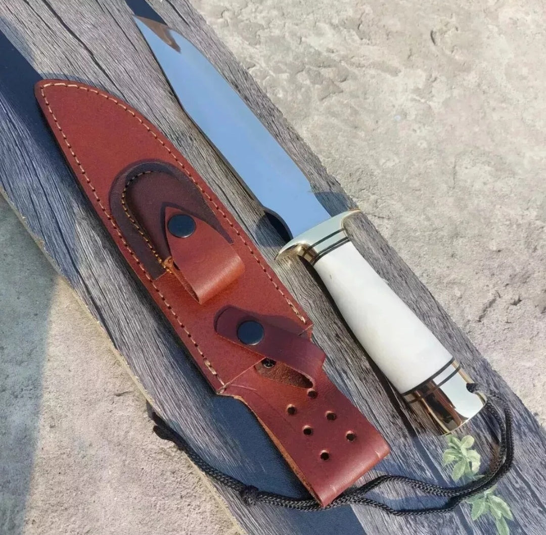 CUSTOM HANDMADE D2 TOOL STEEL BLADE HUNTING SURVIVAL CAMPING BOWIE KNIFE BONE HANDLE WITH LEATHER SHEATH