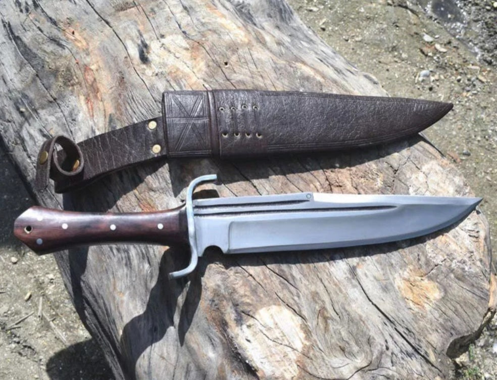 CUSTOM HANDMADE 1095 CARBON STEEL BLADE HUNTING SURVIVAL CAMPING BOWIE KNIFE WOODEN HANDLE WITH LEATHER SHEATH