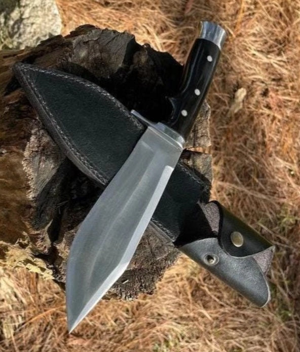 CUSTOM HANDMADE SPRING LEAF CARBON STEEL BLADE HUNTING SURVIVAL CAMPING BOWIE KNIFE WOODEN HANDLE WITH LEATHER SHEATH