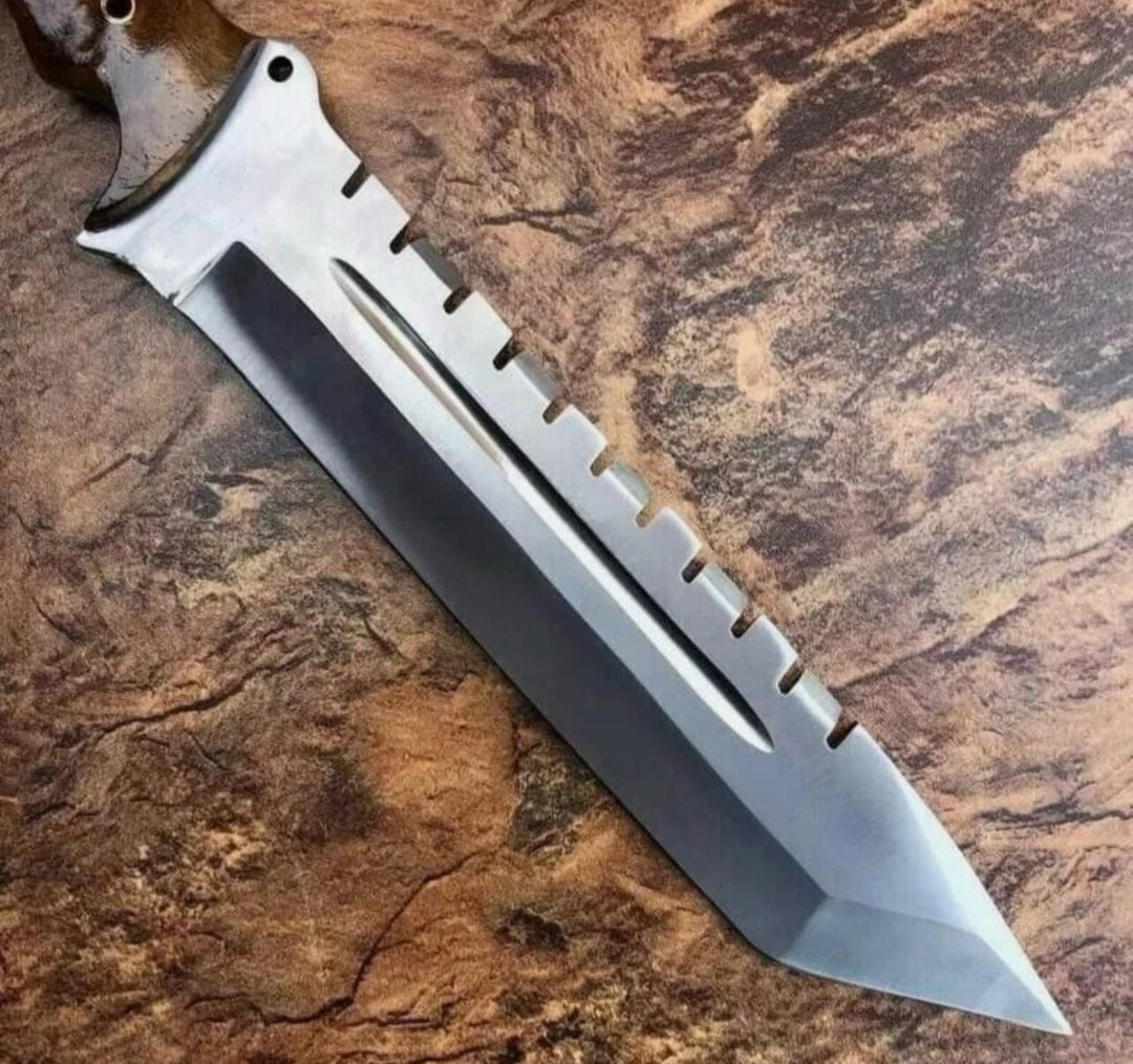 CUSTOM HANDMADE 1095 CARBON STEEL BLADE HUNTING SURVIVAL CAMPING BOWIE KNIFE WOODEN HANDLE WITH LEATHER SHEATH