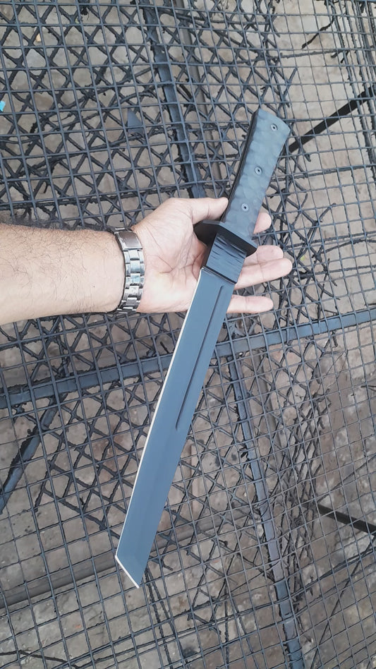 CUSTOM HANDMADE 1095 CARBON STEEL COATED BLACK BLADE HUNTING SURVIVAL CAMPING MACHETE KNIFE MICARTA HANDLE WITH LEATHER SHEATH